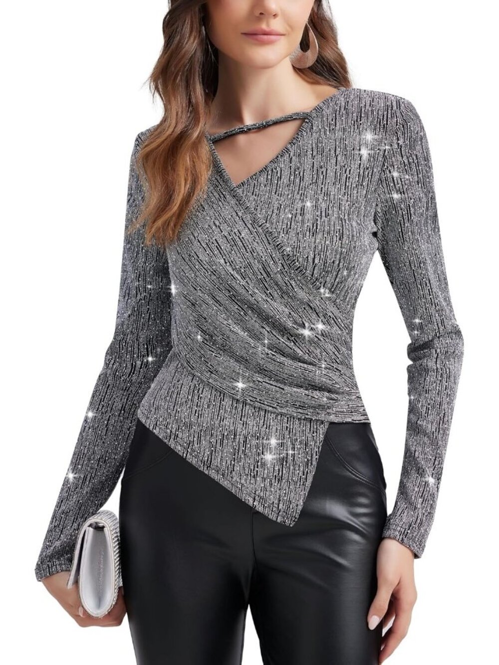 Women's Silver V Neck Glitter Sparkly Blouse Long Sleeve Cocktail Party Top